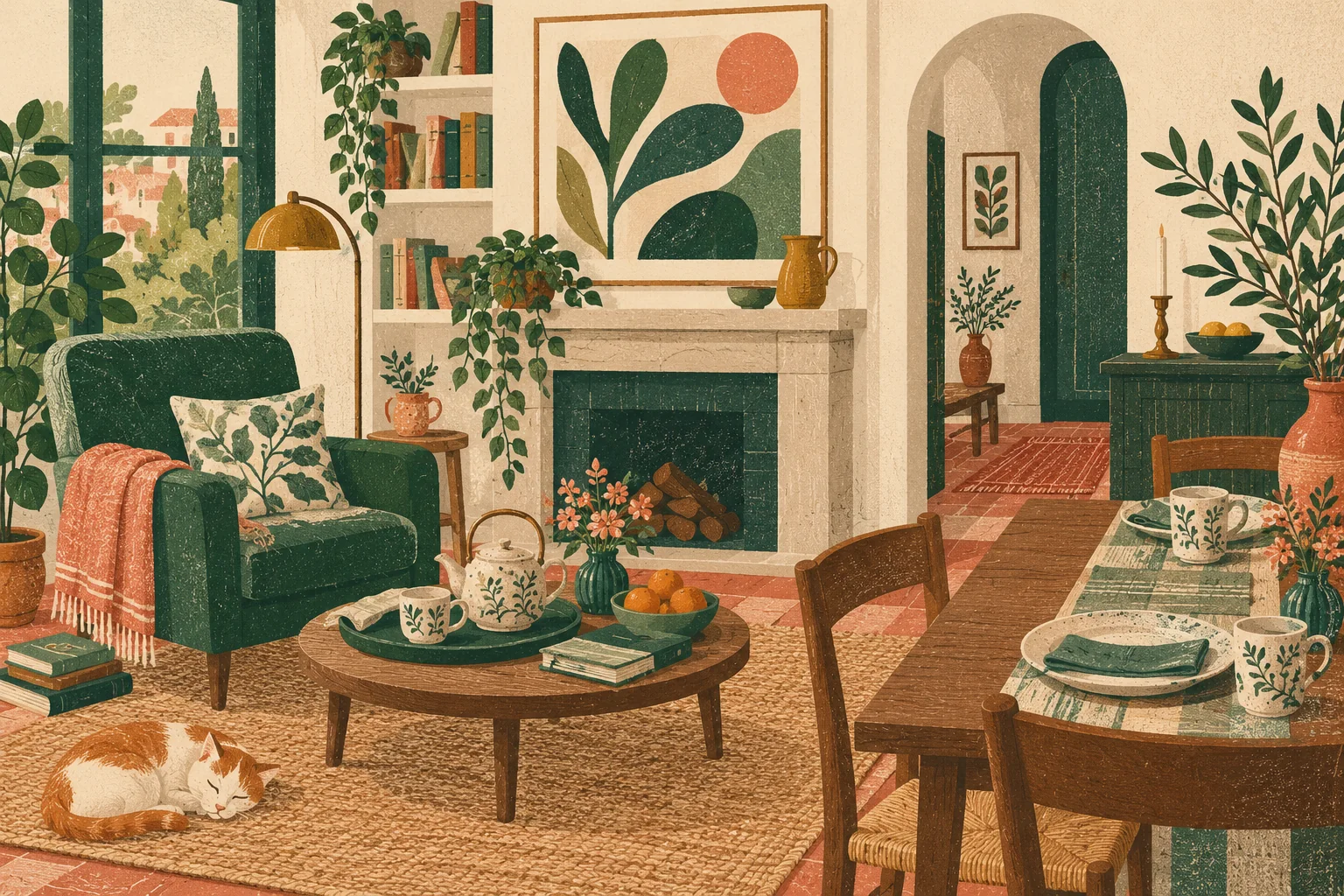 A welcoming lived-in room with a meaningful framed object, everyday tea tray, reading chair and extra place at a table