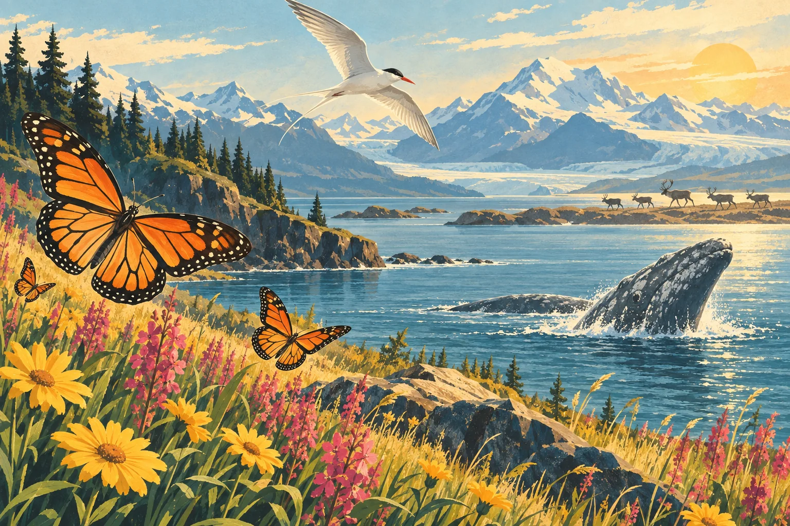 An illustrated montage of monarch butterflies, a gray whale, an Arctic tern and caribou across distinct journey landscapes
